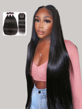 A model displays the UNice Hair 3 Bundles Peruvian Straight Hair Weft With HD Closure, showing brazilian virgin hair bundles and straight texture, bundle fullness.