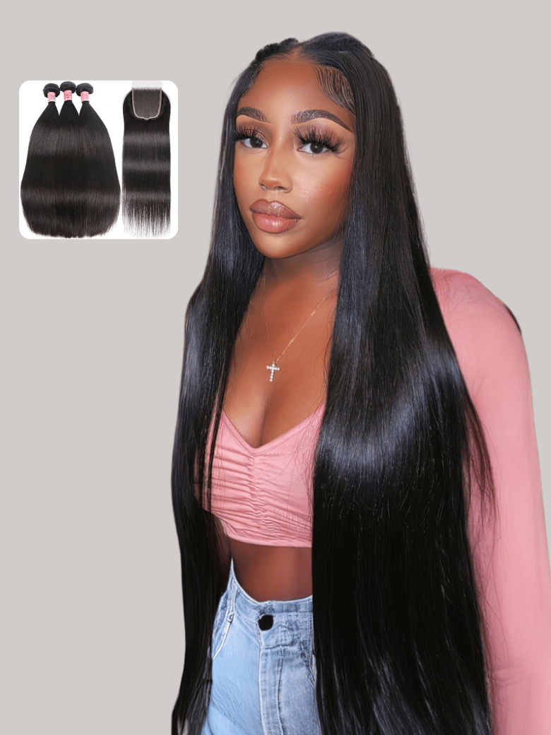 A model displays the UNice Hair 3 Bundles Peruvian Straight Hair Weft With HD Closure, showing brazilian virgin hair bundles and straight texture, bundle fullness.