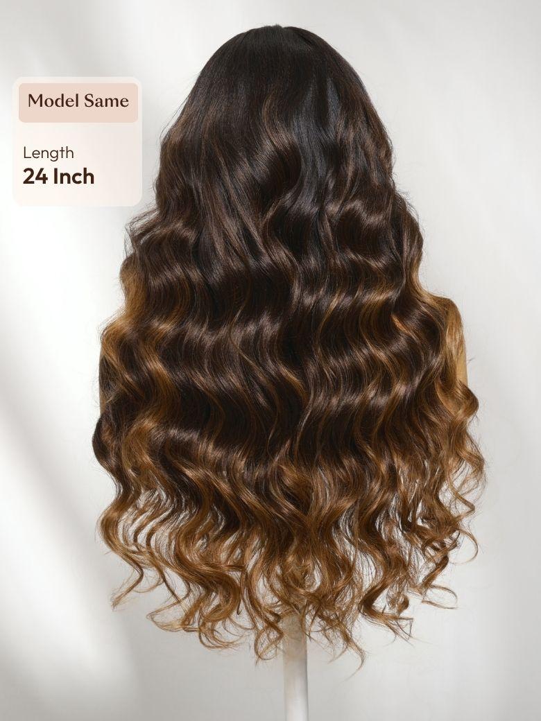A model displays the UNice 13x4 Bye Bye Slip Lace Frontal Dark to Brown Ombre with Caramel Blonde Ends, showing a wig with long wavy hair and brown and brown.