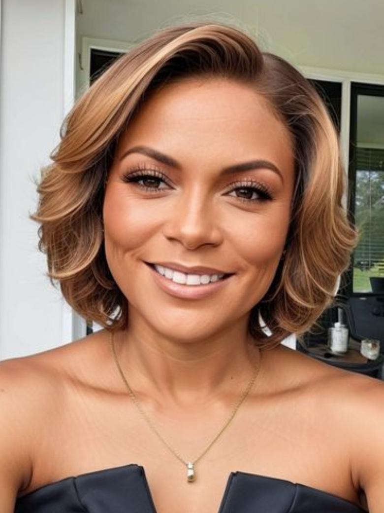 A model displays the UNice Graceful Resolute Monofilament Semi Hand Tied Chocolate Mix Short Hair Wig, showing a model with short hair and a black top.