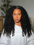 A model displays the UNice 20"-24" UNice Bye Bye Knots 7x5 Lace & 13x4 Pre-Everything Curly Texture wig, showing a model with long curly hair and a grey sweatshirt.
