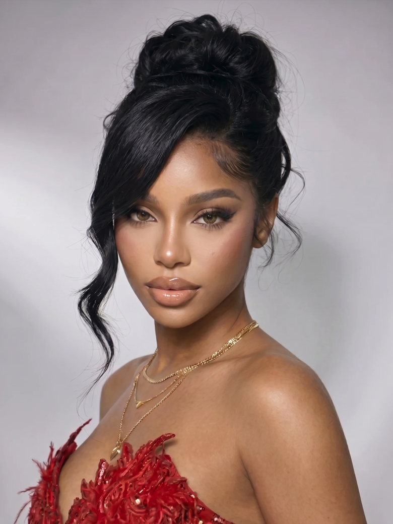 A model displays the UNice 13x4 Pre-Everything Wig With Face-Framing Layers And Side-Swept Bangs With, showing a model with a red dress and gold necklace and 13x4.