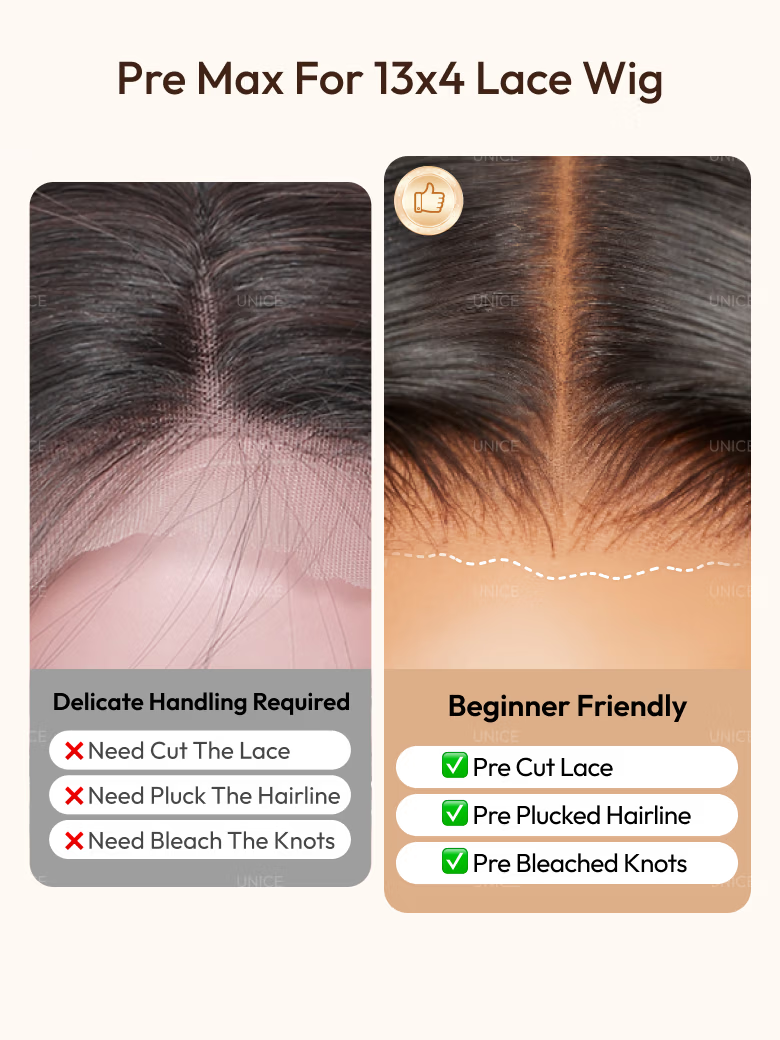 The UNice Mixed Texture Lace Natural Black Jerry Curly Wig with Defined Finger Coil Ends image highlights Pre MaxFor 13x4 LaceWig, Delicate Handling Required.