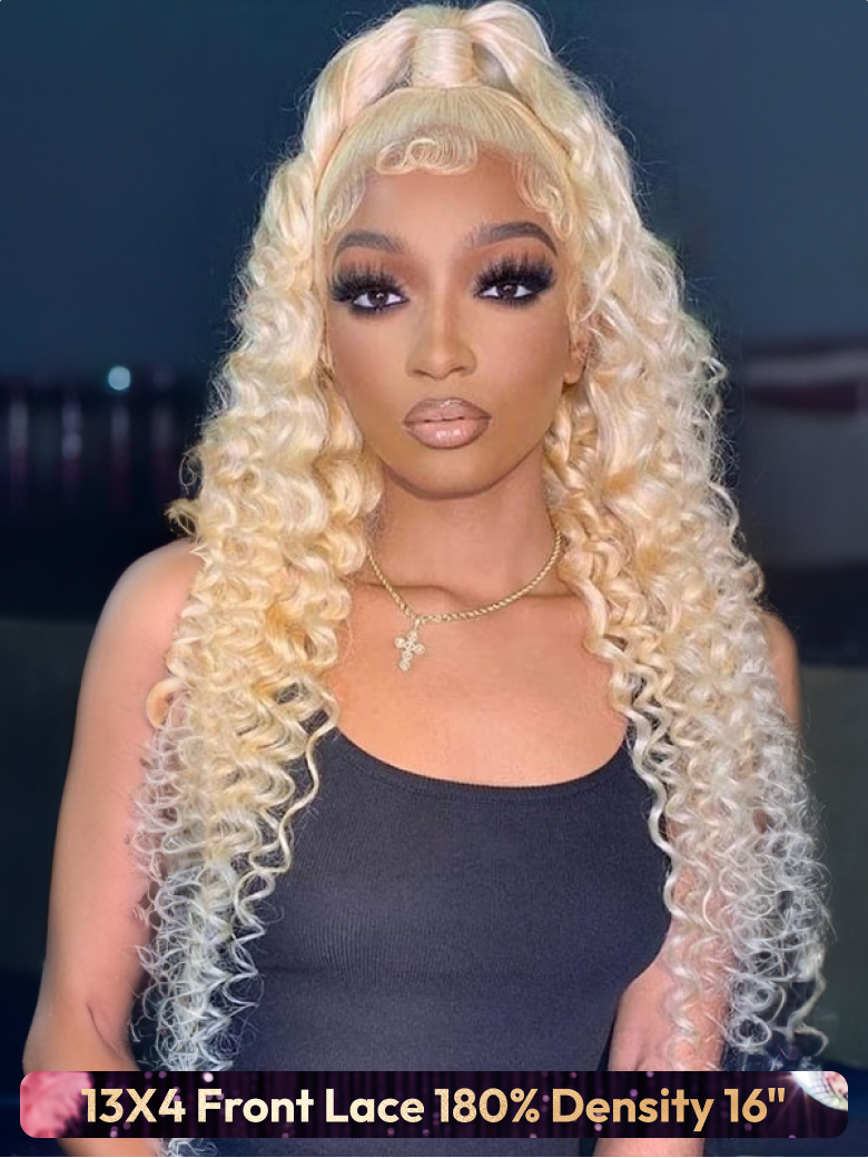 A model displays the Unice Flash Sale Glueless wig 13x4 Front Lace/ 250% Density/ Body Wave... 16 Inch wig, showing a model with blonde hair and a black top and body.