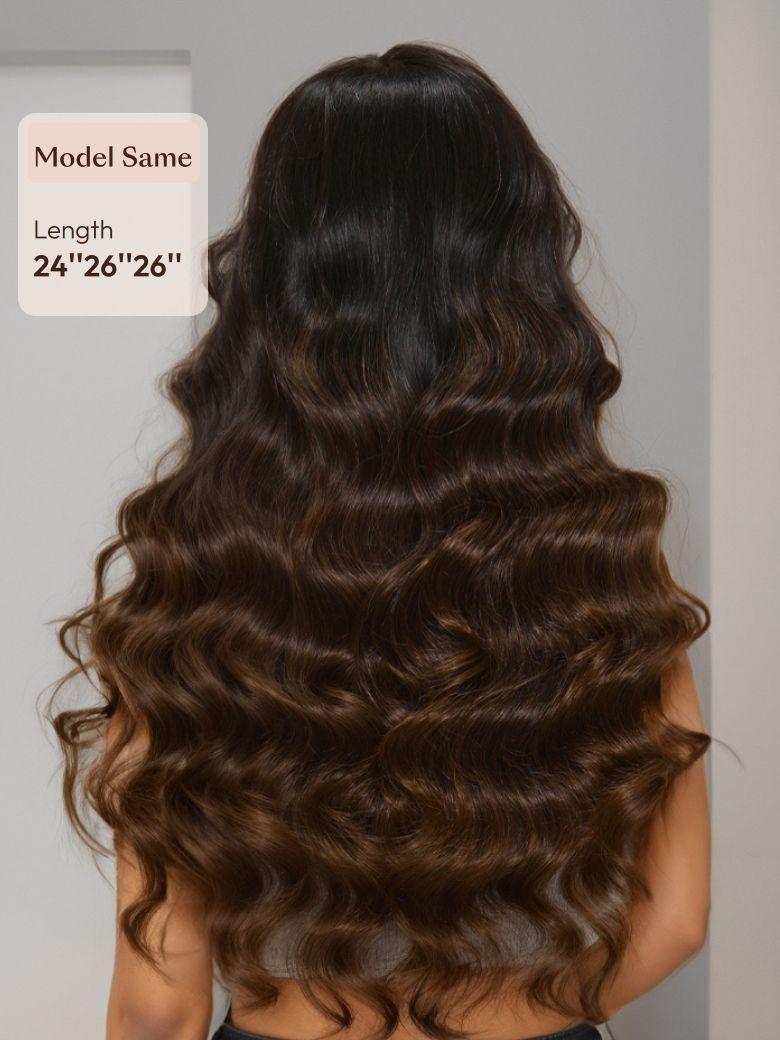 A model displays the UNice Chestnut Brown Ombre 3 Pcs Body Wave Human Hair Bundles, showing a model with long brown hair and a long wavy hair and body wave texture.