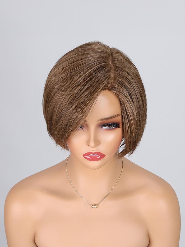 The UNice Graceful Resolute Monofilament Semi Hand Tied Chocolate Mix Short Hair Wig product image shows a manne with a blonde wig and a necklace.