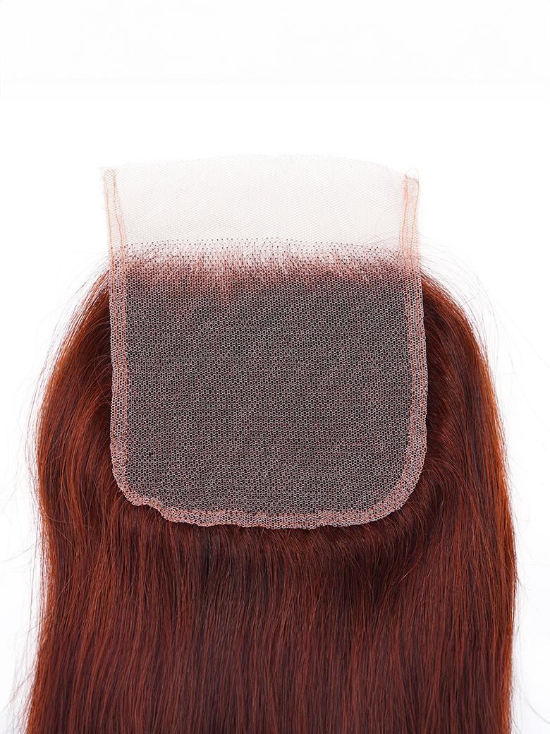 The UNice Dark Auburn Straight Remy Human Hair 3 Bundles With Closure Deal product image shows a piece of hair with a piece of hair on it and straight texture.