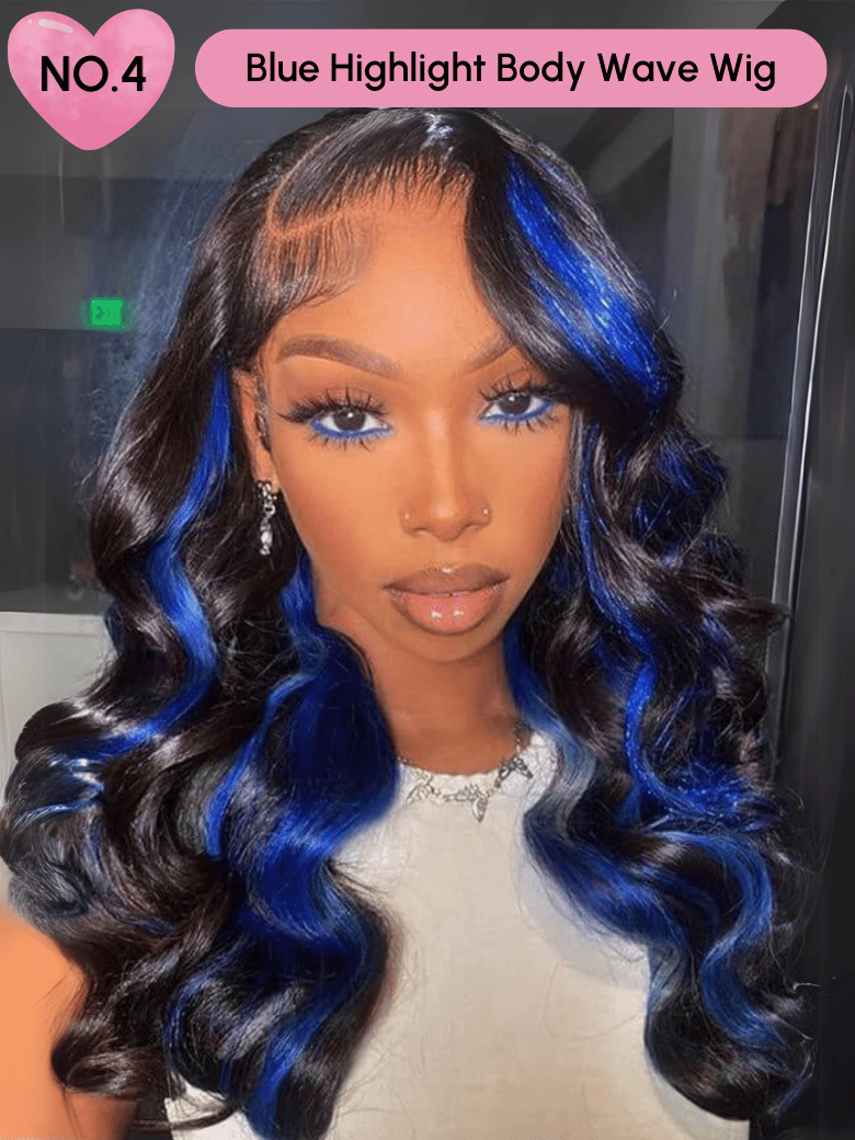 A model displays the UNice 24 Inch 180% Density 13x4 Lace Frontal Wig Last Chance Sale wig, showing a model with blue hair and a white top and 13x4, lace finish.