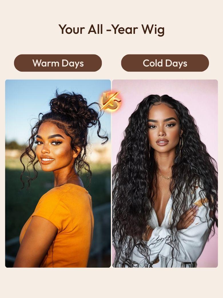 A model displays the UNice 7x5 Bye Bye Knots & 13x4 HD Lace Put On And Go Glueless Water Wave Wig and, showing a model with long curly hair and a model with curly hair.