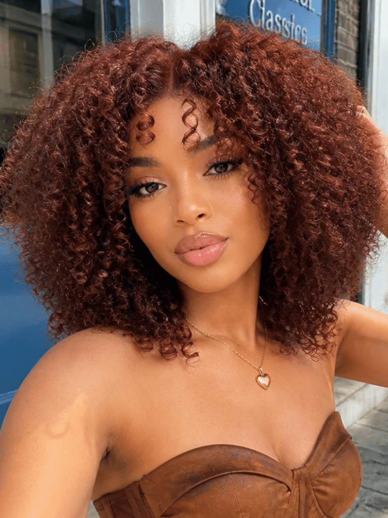 A model displays the UNice 7x5 Bye Bye Slip Wig Glueless Lace Sunset Afro Kinky Curly & Jerry Curly for, showing a model with a brown dress and a brown hair and kinky.