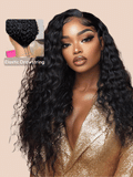 A model displays the UNice Byebye Knots Wig 7x5 Pre Cut Lace Water Wave Flexible Cap Size Drawstring Wig, showing a model with long curly hair wearing a gold dress.