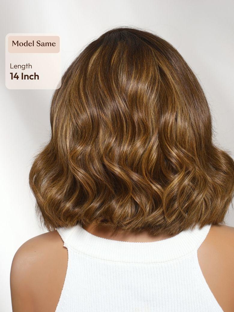 A model displays the UNice Only 21 New User Need 13x4 Pre-Everything Lace Frontal Brown With Honey Blonde, showing a model with a medium length bob bob bob bob bob bob.