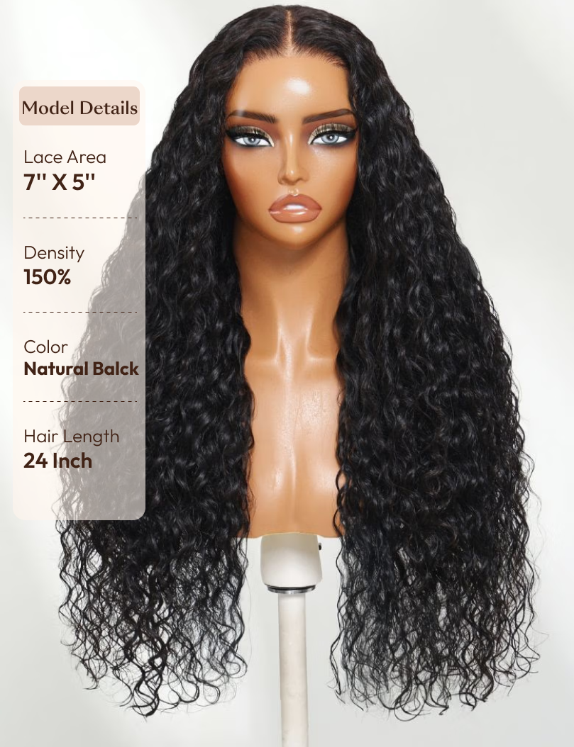 The UNice Bye Bye Knots 7x5 Lace Mixed Curls Wig with Invisi Drawstring image highlights Model Details, OD, Lace Area, 7"X5", a full wig with long curly hair and 7x5.