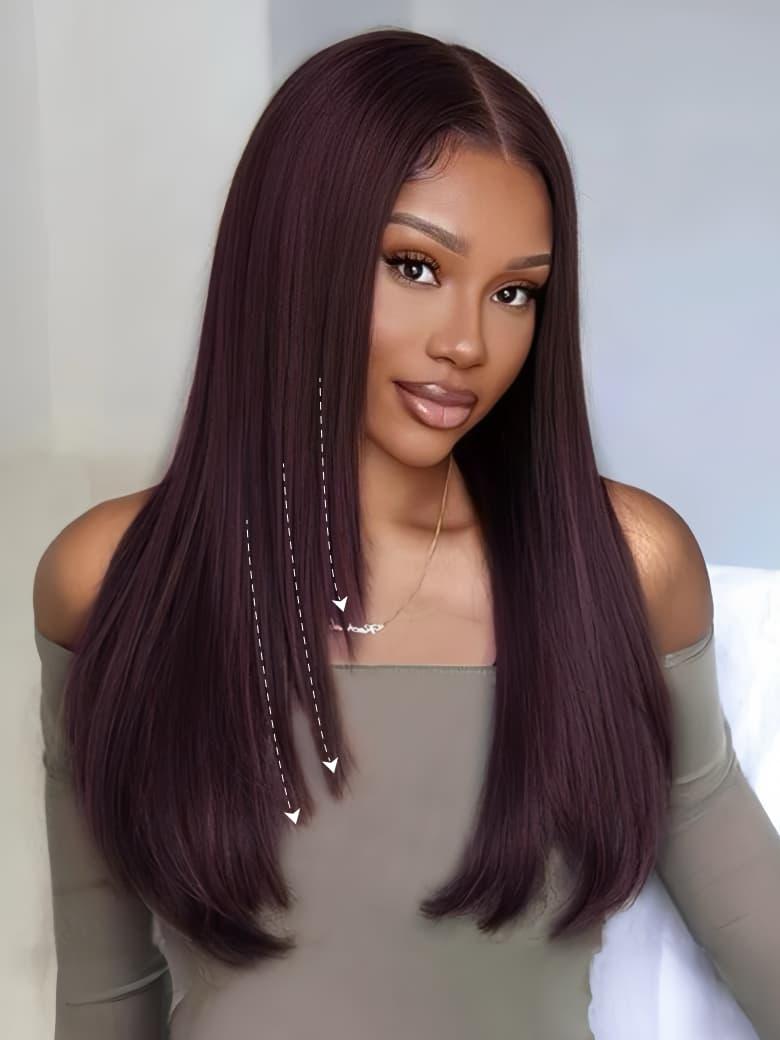 A model displays the UNice 7x5 Byebye Knots Lace Black Cherry Layered Straight Hair Wig 150% Density, showing a model with long dark purple hair and straight texture.