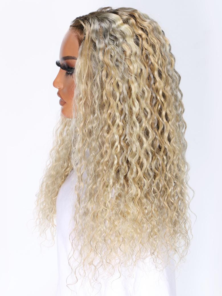 The UNice 20 Inch 13x4 Lace Front 180% Density Glossy Blonde With Silver Highlight Water visual image position 3 shows a model with long blonde hair and a white shirt |.