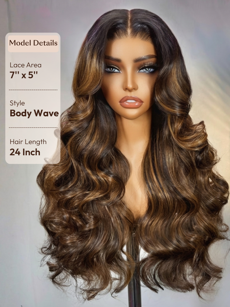 The UNice 7x5 Bye Bye Slip Balayage Highlight Body Wave & Curtain Bangs Wig - Glueless image highlights Model Details, Lace Area, Style, BodyWave, a wig with long wavy.