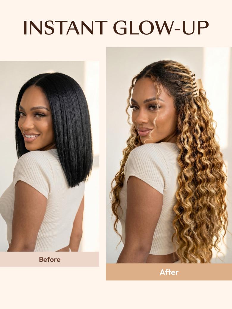 A model displays the UNice 13x4 Bye Bye Slip Lace Frontal Bronde Color With Honey Blonde Highlights Water, showing a model with long hair before and after her hair.