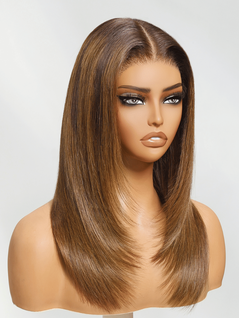 The UNice 13x4 Pre-Everything Caramel Blonde Layered Straight Wig product image shows a manne with long hair and a brown wig and straight texture, 13x4.