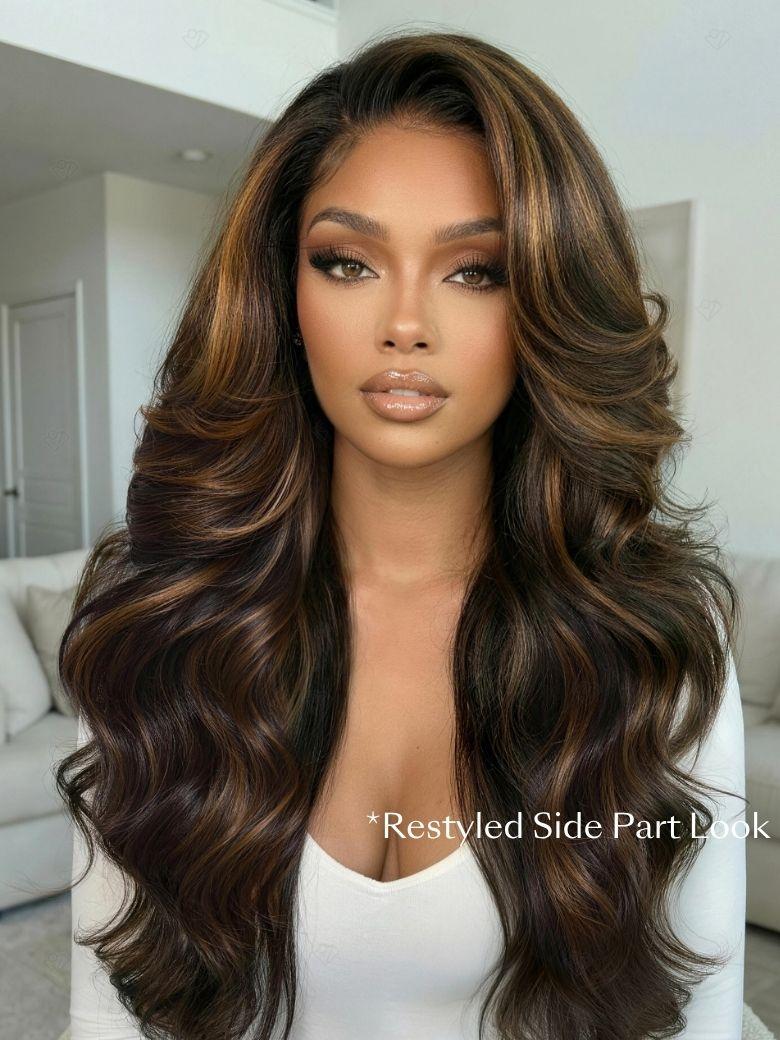 A model displays the UNice 7x5 Bye Bye Slip Lace Black with Golden Brown Highlights Body Wave Wig with, showing a model with long brown hair and brown eyes and body wave.