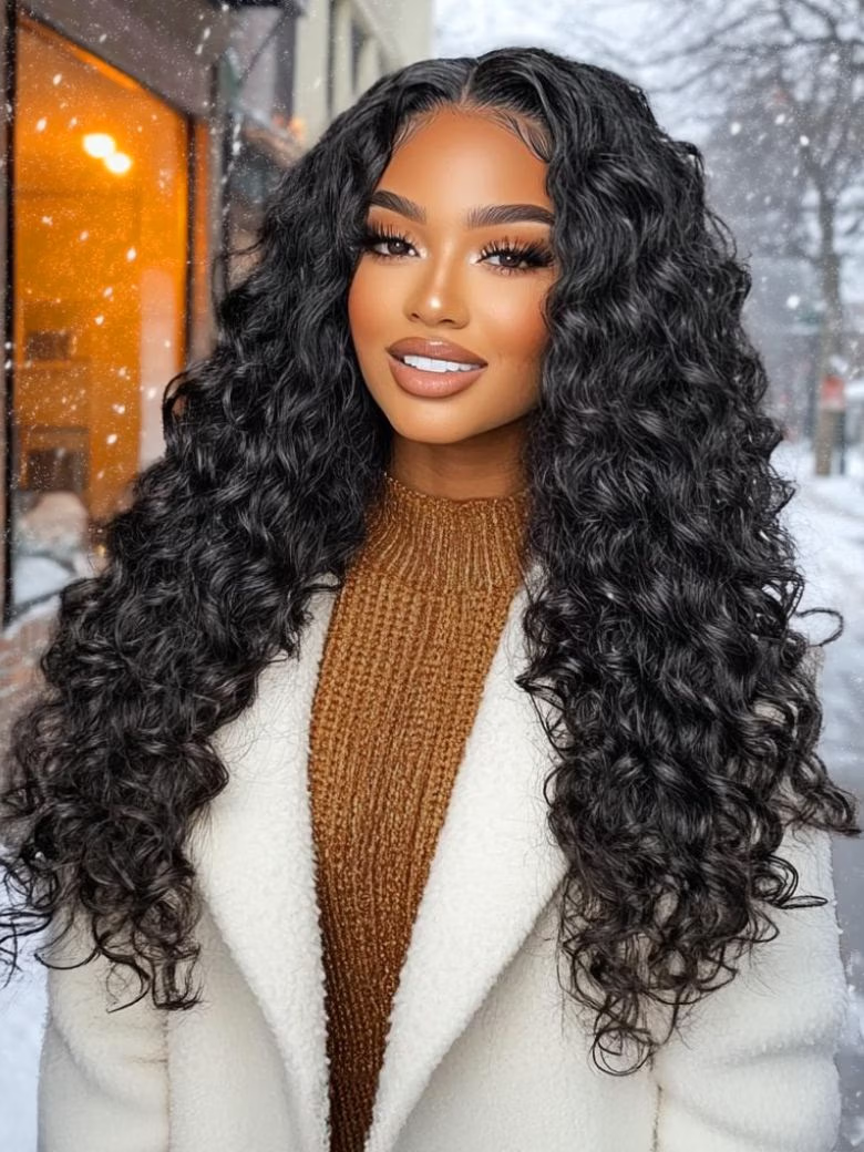 A model displays the UNice 13x4/13x6 HD Lace Frontal Straight/ Deep Wave/ Curly Wig 180%-250% Density, showing a woman wearing a long curly wig and deep wave texture.
