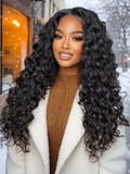 A model displays the UNice 13x4/13x6 HD Lace Frontal Straight/ Deep Wave/ Curly Wig 180%-250% Density, showing a woman wearing a long curly wig and deep wave texture.
