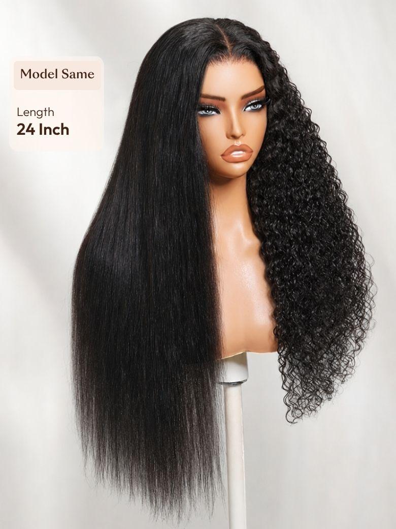 A model displays the UNice Bye Bye Slip 7x5 Lace Warm Brown with Beige Blonde Ribbon Highlights Layered wig, showing a model with blonde hair and a black top.