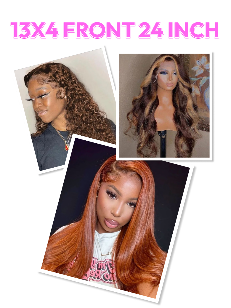 The UNice 200%/ 180% Density 13x4 Front Lace Chocolate Brown/ Honey Highlights/ Burnt wig image highlights 13X4FRONT24INCH, the front and back of a wig with the text, '.