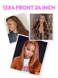 The UNice 200%/ 180% Density 13x4 Front Lace Chocolate Brown/ Honey Highlights/ Burnt wig image highlights 13X4FRONT24INCH, the front and back of a wig with the text, '.