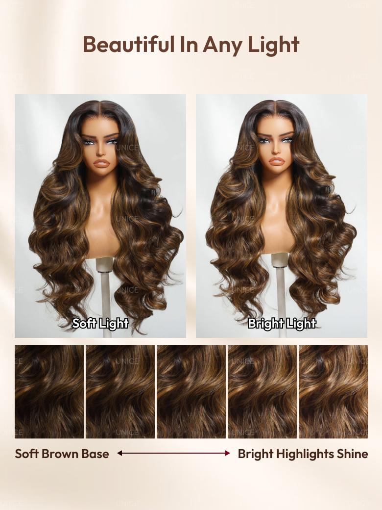 UNice 7x5 Bye Bye Slip™ Balayage Highlight Body Wave & Curtain Bangs Wig – Glueless Lace Pull & Go with Invisi Drawstring