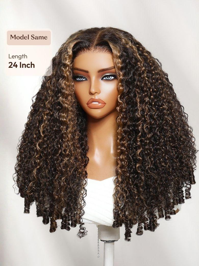 A model displays the UNice Bye Bye Slip 7x5 Lace Warm Brown with Beige Blonde Ribbon Highlights Layered wig, showing a model with a long, blonde haircut and highlight.