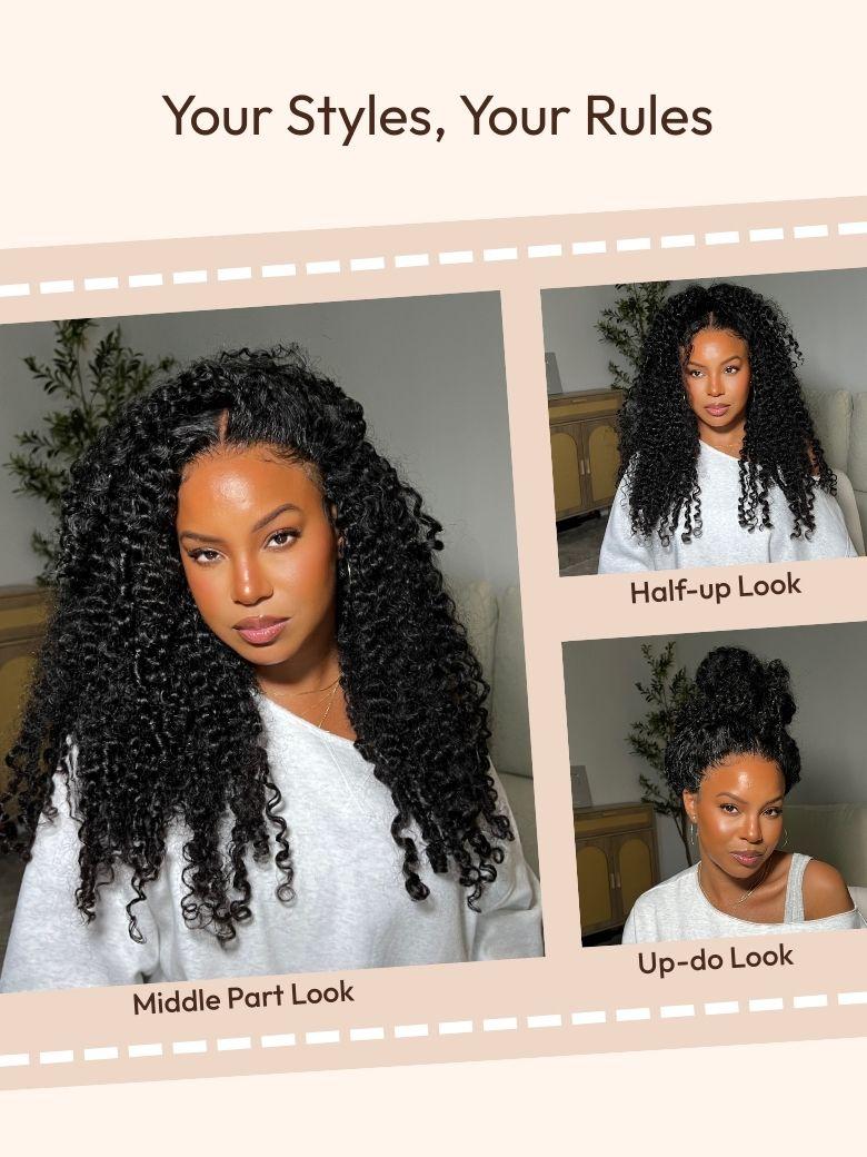 A model displays the UNice 20"-24" UNice Bye Bye Knots 7x5 Lace & 13x4 Pre-Everything Curly Texture wig, showing a model with curly hair and a white shirt and curly.