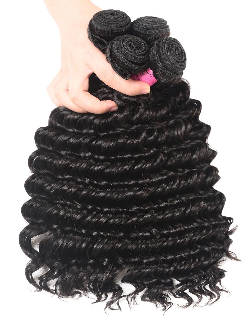 The UNice Hair Bundles 4 Pcs/pack Peruvian Deep Wave Virgin Human Hair product image shows a person holding a bundle of curly hair and deep wave texture.