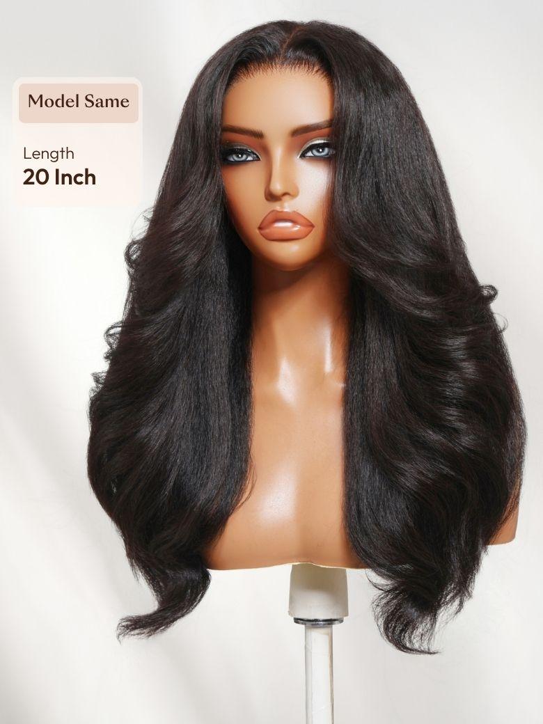 A model displays the UNice Bye Bye Slip 7x5 Lace Glueless Kinky Straight Blowout Wig with Soft Layers, showing a wig with long hair on a mann and kinky straight texture.