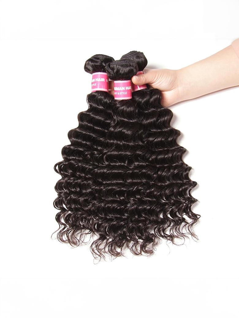 The UNice Deep Wave Malaysian Remy Hair 3 Bundles Deal Free Fast Shipping image highlights UMANHAR, UY&STYLE, virgin hair bundles and deep wave texture, bundle fullness.