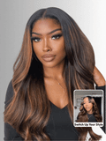 A model displays the UNice Ship within 24H UNice 7x5 Bye Bye Knots Wig Glueless Lace Balayage Highlight, showing a model with long brown hair and a black shirt and body.