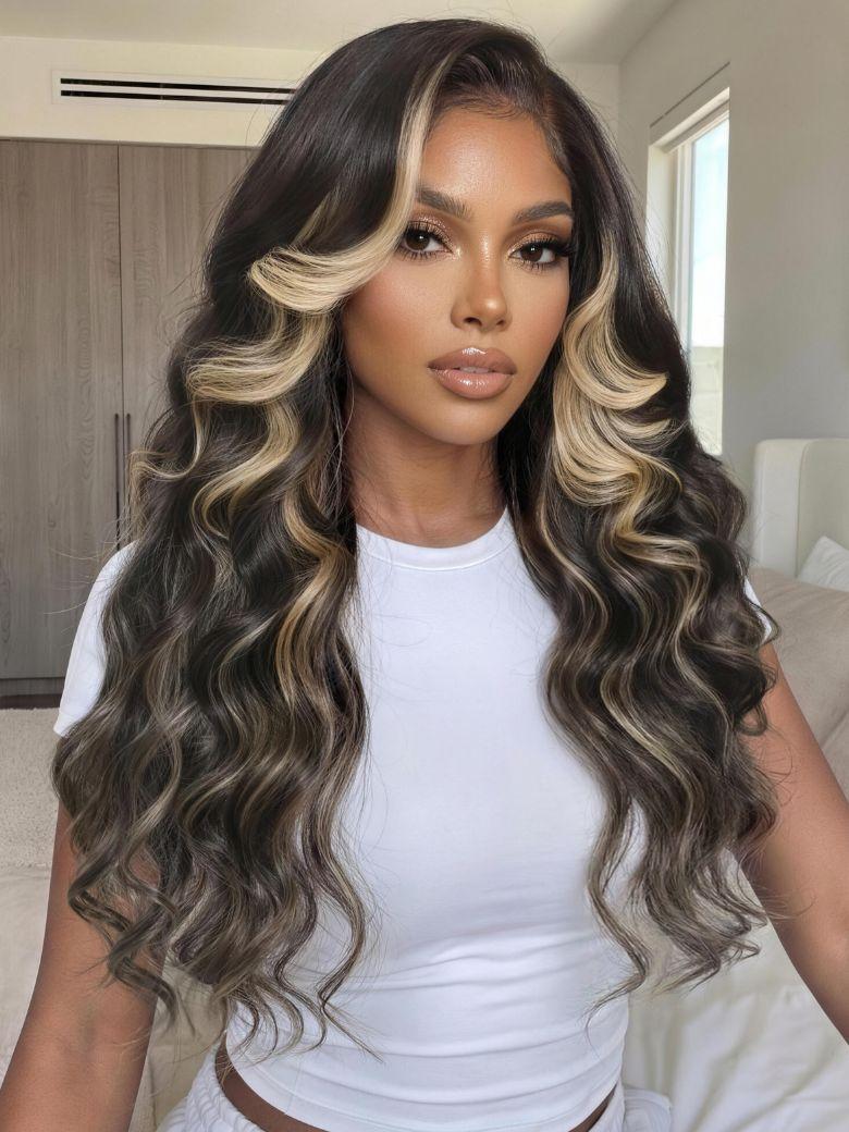 A model displays the UNice 7x5 Bye Bye Slip Lace Black With Blonde Face-Framing Highlights Body Wave Wig, showing a model with long wavy hair wearing a white top.