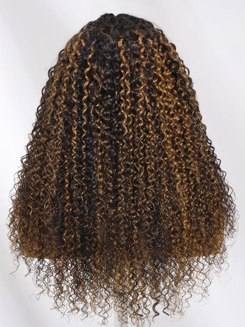 The UNice With Drawstring UNice EasiContour V Part Brown Highlights with Dark Roots wig product image shows a curly wig with a long, curly hair and jerry curl texture.