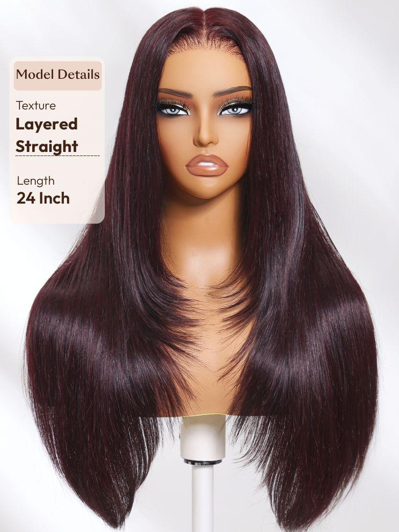 The UNice Invisi Drawstring 13x4 Pre-Everything Lace Purple Black Cherry Loose Wave wig image highlights Model Details, Texture, Layered, Straight, a wig with long dark.