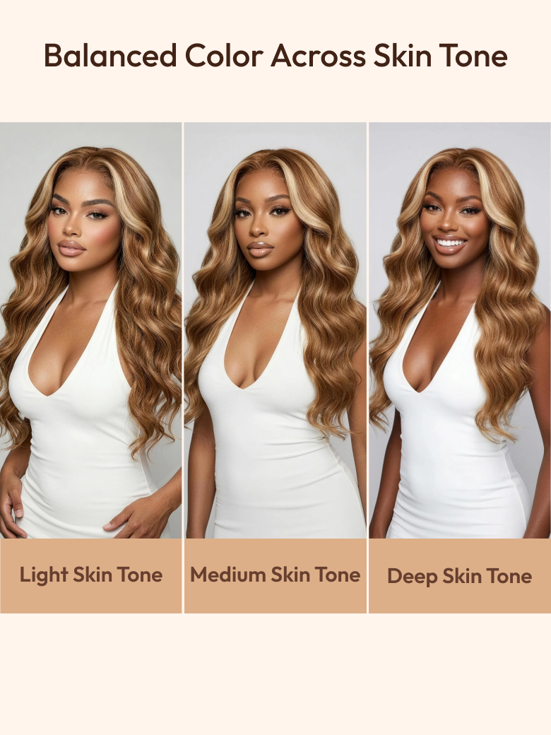A model displays the UNice 7x5 Bye Bye Slip Wig With Drawstring Pre-Cut Glueless Lace Honey Blonde Body, showing the bale color is shown in three different shades.