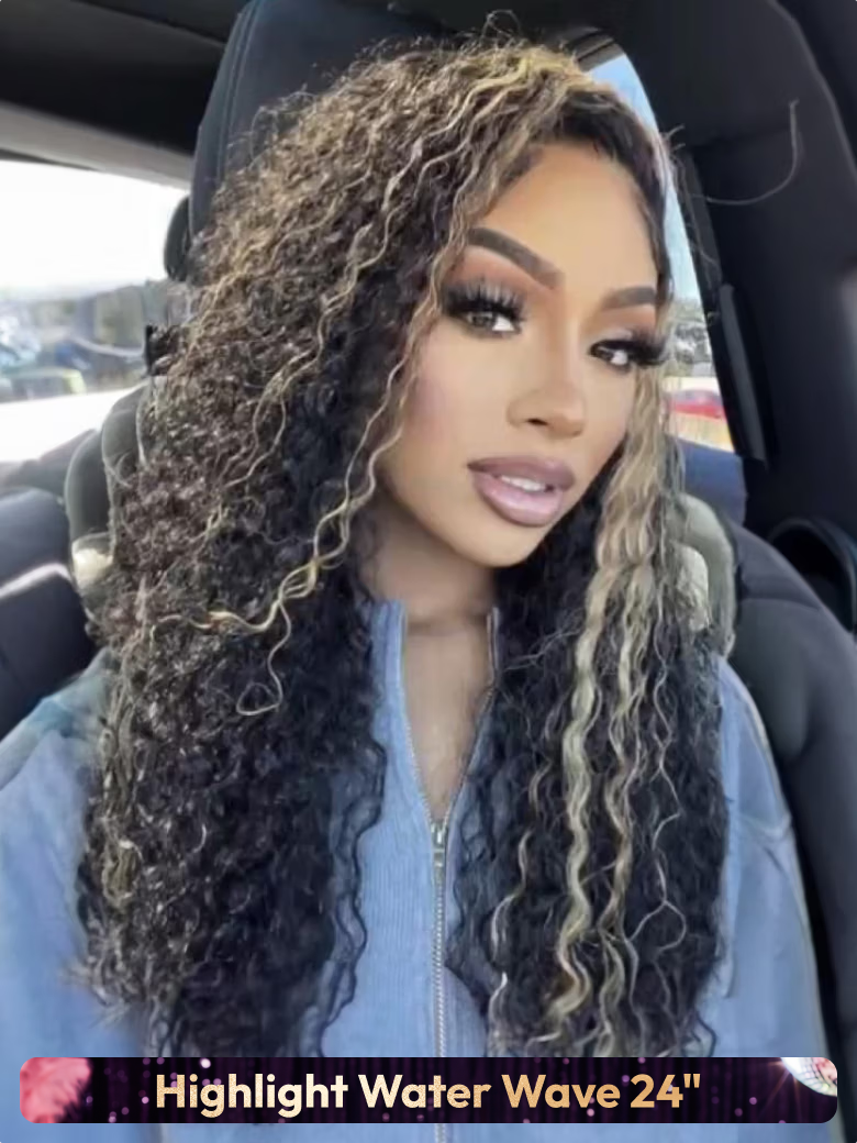 A model displays the UNice 180% Density Pre-Cut 6x4.5 Glueless Lace Honey Brown Highlights/ Reddish wig, showing a model with long curly hair in a car and body wave.