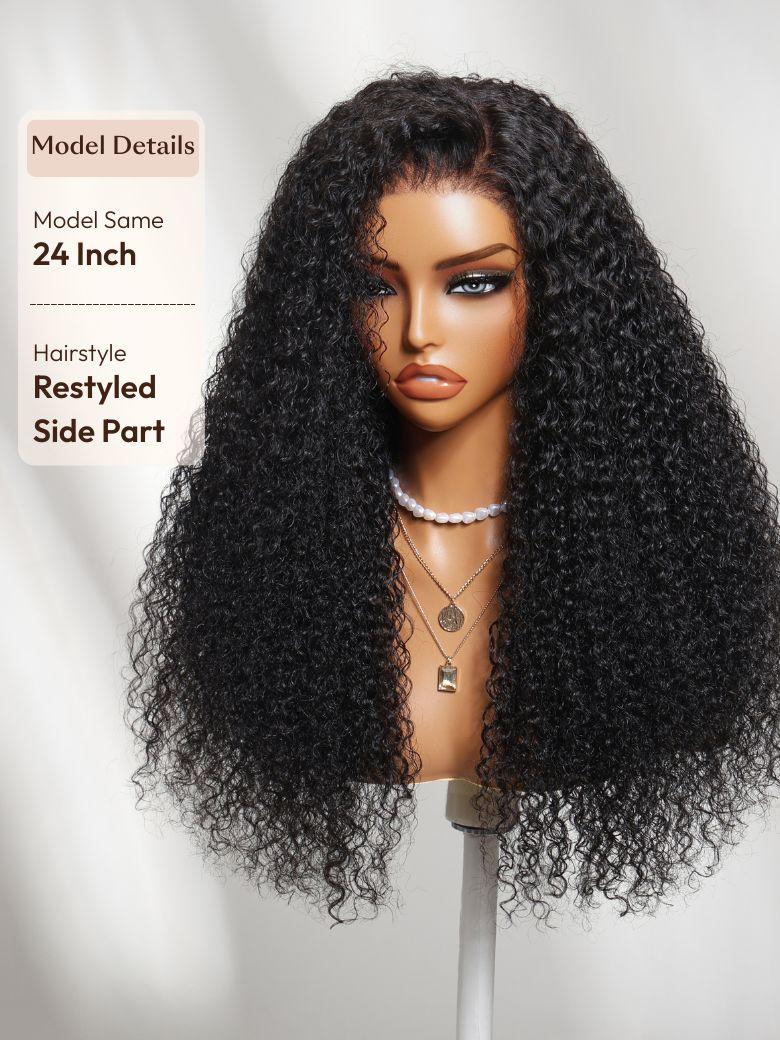 The UNice Bye Bye Knots 7x5 Lace Jerry Curl 150% Density Wig with Lived-In Coils image highlights Model Details, Model Same, 24Inch, Hairstyle, a wig with long curly.