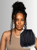The UNice Jerry Curly 7x5 Bye Bye Knots wig With Bleached Invisible Knots 150% Density visual image position 3 shows a model with a curly ponytail and a ponytail | jerry.