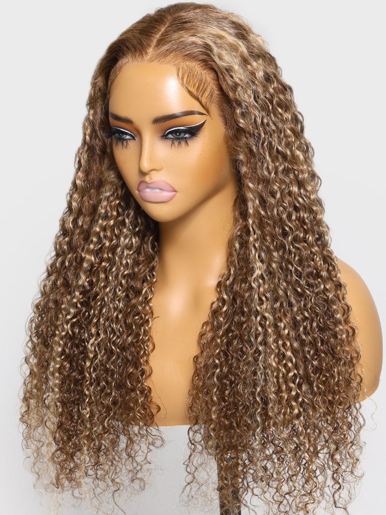 The UNice Pre-Everything 13x4 Lace Frontal Honey Blonde Highlights Jerry Curly Wig product image shows a blonde wig with curly hair and jerry curl texture, curly.