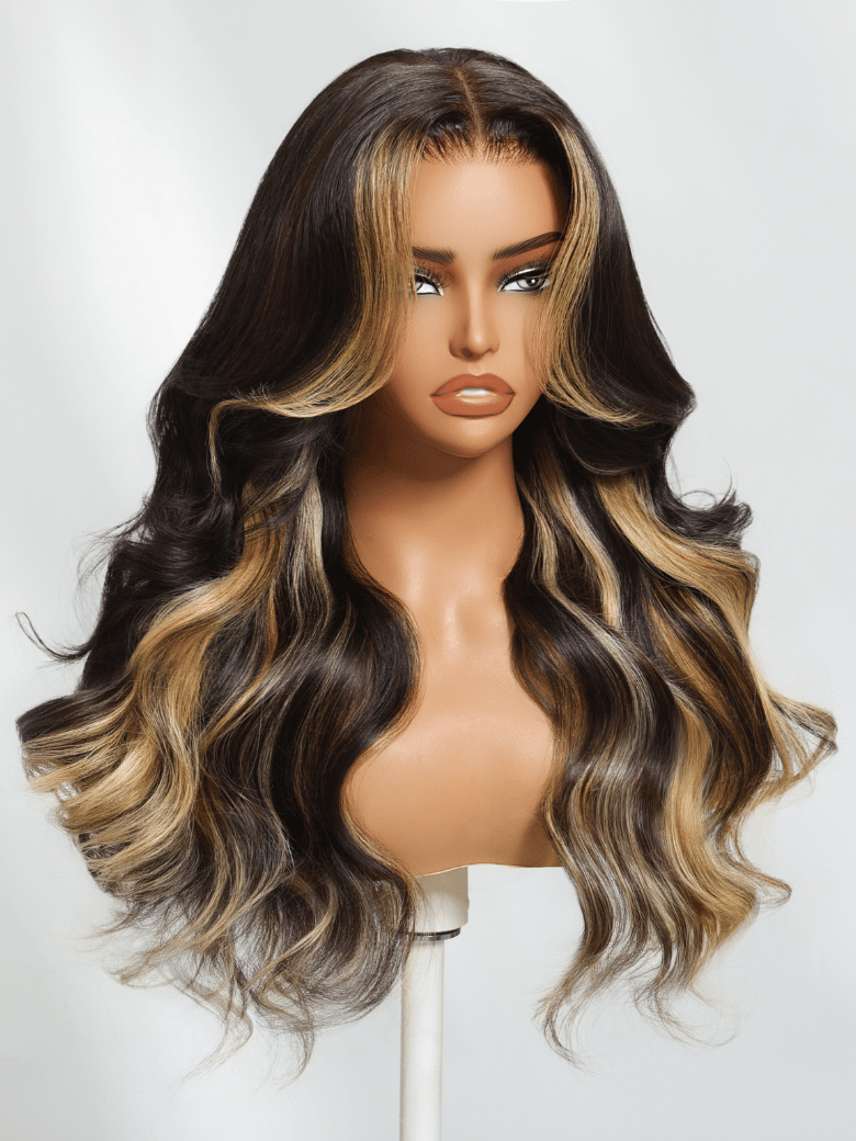 The UNice 7x5 Bye Bye Knots Wig Lace Loose Wave Butterscotch Highlights Brown 150% Density visual image position 7 shows a wig with long wavy hair and brown and blonde.