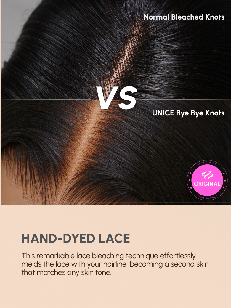 The UNice 7x5 Bye Bye Knots Wig Glueless Body Wave Lace Wig With Invisible Clean Knots image highlights Normal Bleached Knots, VS, UNICE Bye Bye Knots, ORIGINAL, hair.