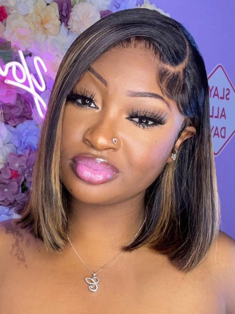 A model displays the UNice 13x4 Lace Front Black With Medium Auburn Brown Y2K Highlights Bob Wig, showing a model with long hair and a pink lipstick and highlight, 13x4.