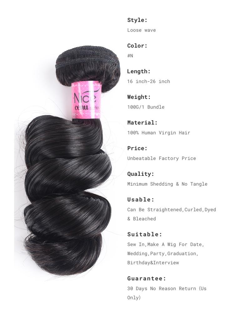 The UNice 3pcs/pack Peruvian Virgin Hair Loose Wave image highlights Style, Loose wave, Color, #N, virgin hair bundles and loose wave texture, virgin human hair quality.