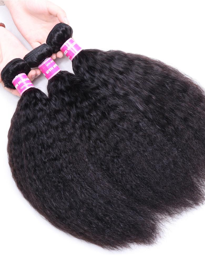 The UNice 3Pcs Kinky Straight Indian Real Human Hair Bundles Deal product image shows a person holding a hair brush in their hand and kinky straight texture, straight.