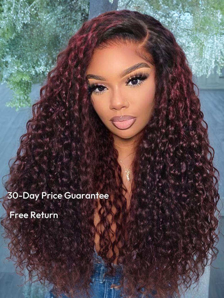 A model displays the UNice 13x4 Pre-Everything Wig Burgundy Plum With Dark Roots Water Wave Wig, showing a model with long curly hair wearing a dark red wig and water.