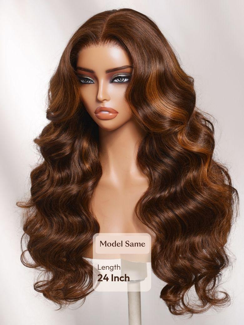 The UNice 7x5 Bye Bye Slip Lace Auburn Brown with Copper Highlights Body Wave Drawstring Wig visual image position 4 shows a wig with long wavy hair and brown.